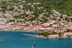 an aerial view of a city with boats in the water and trees on the hillside