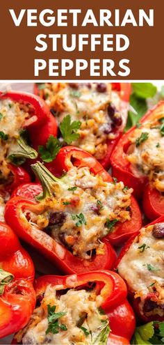 stuffed red peppers with cheese and herbs on top are shown in the foreground text reads vegetarian stuffed peppers