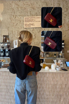 Summer coffee date outfit inspiration with Celine Red (carmin) Triomphe Bag in Shiny  Calfskin. Red bag aesthetic.  Photo credits: @audreyafs on Instagram Red Celine Bag, Celine Triomphe Bag Red, Red Handbag Aesthetic, Red Bag Aesthetic Outfit, Celine 16 Bag Outfit, Red Bags Outfit, Burgundy Bag Outfit Street Style, Outfits With Red Bag, Maroon Bag Outfit