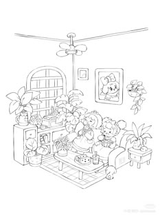 a black and white drawing of a living room with flowers on the coffee table, potted plants in vases