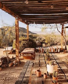 a wooden table with potted plants on it in the middle of a dirt field