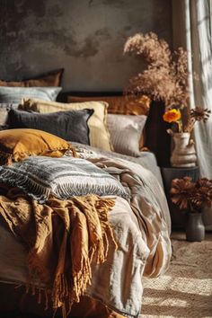 a bed with many pillows and blankets on top of it next to a vase filled with flowers