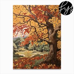 an image of a painting with trees in the background and text that reads, autumn is here