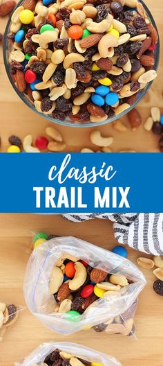 two bags filled with trail mix sitting on top of a wooden table next to each other