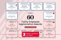 the 60 funny employee appreciation awards are on display in front of a pink background with red and