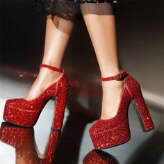 As low as US$48.50 Red Chunky Platform Heels For Party, Red Glitter Heels, Dorothy Halloween, Dorothy Halloween Costume, Red Platform Heels, Hoco Ideas, Red Platform, Glitter Heels, Girly Shoes