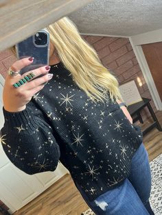 Gold Star Sweater-AND THE WHY-29eleven | Women’s Fashion Boutique in Menan, Idaho Circus Outfits, Star Embroidery, Star Sweater, Grown Women, Print Sweater, Women Helping Women, Different Outfits, Gold Star, Foil Print