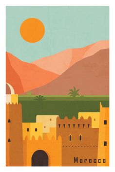 an illustration of a desert with mountains in the background and a sun above it that reads morocco