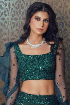 Shop for Mani Bhatia Green Raw Silk Sequin Embellished Lehenga Set for Women Online at Aza Fashions Bottle Green Lehenga, Embellished Lehenga, Blouse Back, Green Lehenga, Embellished Neckline, Luxury Sale, Bottle Green, Silk Organza, Ruffle Sleeves