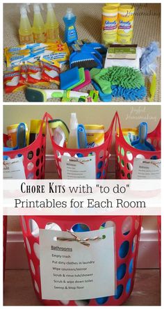 two pictures with different items in them and the words chores kits with to do printables for each room