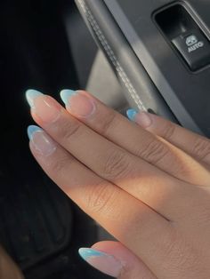 blue french tip + silver liner🩵🤍 White With Blue French Tip Nails, Light Blue French Tip Nail Designs, Light Blue Hoco Nails Short, Hoco Nails Light Blue, Hoco Nails For Light Blue Dress, French Tip Nails Blue And White, Blue Nails For Hoco, Hoco Nails Blue Dress, Nails To Go With Light Blue Dress