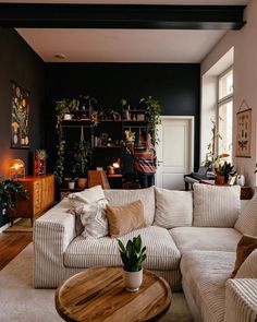 a living room filled with furniture and lots of plants on top of the couches