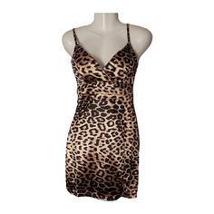 Spaghetti Strap Leopard Print Sheath Dress Nwt 31" Long Bust 35" Waist 25" Fitted Brown V-neck Slip Dress, Spagetti Strap, Bell Sleeve Shift Dress, 70s Women, Shoulder Ruffle Dress, Flutter Dress, Ribbed Mini Dress, 60 Fashion, Flounced Dress