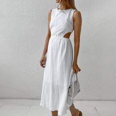 F00269678-102 Summer Midi Dress With Cut-out Waist, Cut-out Waist Dresses For Day Out, White Backless Dress For Summer Night Out, Summer Brunch Maxi Dress With Cut-out Waist, Chic Fitted Backless Dress For Vacation, Spring Midi Dress With Cut-out Waist For Day Out, Fitted Maxi Dress With Cut-out Waist For Beach, Spring Dresses With Cut-out Waist For Day Out, Spring Chic Maxi Dress With Cut-out Waist