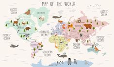 an illustrated map of the world with animals