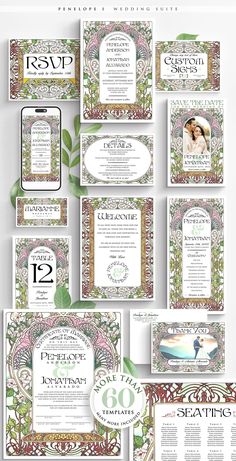 the wedding stationery is designed to look like an art nouveau style