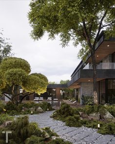 an artist's rendering of a modern house surrounded by trees and rocks in the foreground