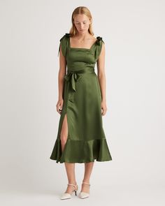 Did someone say timeless? Because that's our 100% Washable Silk Square Neck Midi Dress. The square neckline elevates the luxe silk drape even more than you'd expect. Style it differently with detachable shoulder bows and a sash to tie at the waist. This one arrived just in time—add it to your wardrobe before your next special event. Silk Dresses Outfit, Square Neck Midi Dress, Hot Pink Mini Dress, Silk Clothes, Silk Camisole, Quince Dresses, Silk Skirt, Silk Shirt, Mulberry Silk