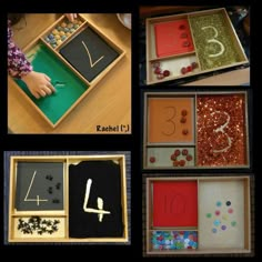 four different pictures showing the process of making numbers and counting them into small trays