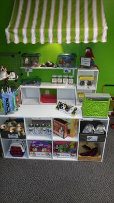 the shelves are filled with toys and other items for playrooms or children's rooms