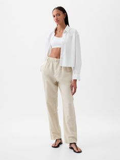 High Rise Linen-Cotton Pull-On Pants | Gap Europe Travel Outfits, White Chinos, Green Chinos, Spandex Pants, Trip Outfits, Clothing Hacks, Work Wardrobe, Back Patch, Pull On Pants