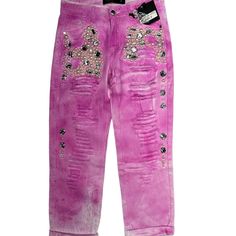 This Sparkle Denim Boyfriend Fit Jean Features Faux Pearls And Gems On The Front, Functional Pockets, And Heavy Unlined Destruction. This Item Is New With Tags. It Has Been Custom Tie-Dyed/Painted, As A One Of A Kind Item (Recommend Washing Separately) Color: Pink Fabric: 100% Cotton Tag Size: 3 Measurements (Approximate Taken With Item Laying Flat) Waist 27” | Inseam 24.5’/Cuffed 23” | Rise 9“ | Thigh 9” | Leg Opening 6.5“ Reasonable Offers Welcome! Follow For More Great Finds! (T04) Pink Distressed Jeans For Summer, Summer Distressed Pink Jeans, Pink Distressed Summer Jeans, Summer Pink Distressed Jeans, Pink Distressed Cotton Jeans, Trendy Acid Wash Jeans For Spring, Trendy Ripped Pink Jeans, Pink Jeans For Summer Streetwear, Y2k Pink Jeans For Spring