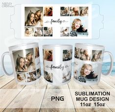 three coffee mugs with family photos on them and the words sublimation mug design 1017