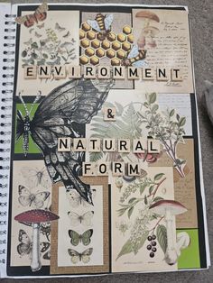 an open notebook with pictures of butterflies and flowers on it that says envirionment & natural form