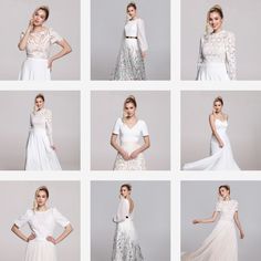 many different pictures of the same woman in wedding gowns and dresses with long sleeves