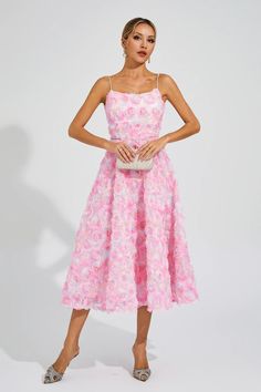 The Wendell Pink Flower Slip Dress exudes a chic and sensual charm that is perfect for both casual beach parties and sophisticated evening affairs. Its off-shoulder design and floral pattern highlight your feminine beauty, making it an ideal choice for vacations or romantic dates. Crafted with attention to detail, this dress is a must-have for any fashion-forward woman.  Dress Length: Approx 115cm Materials: Polyester Gentle Dry Clean Only  The model is 5 ft 7 and wears size S  Color may vary du Sleeveless Spring Floral Dress For Party, Summer Party Midi Dress In Feminine Style, Summer Party Midi Dress With Feminine Style, Feminine Summer Midi Party Dress, Summer Evening Floral Midi Dress, Chic Floral Dress With Spaghetti Straps For Garden Party, Evening Midi Dress With Floral Print And Straight Neckline, Chic Spaghetti Strap Floral Dress For Garden Party, Spring Party Floral Dress With Spaghetti Straps