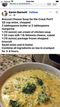 broccoli cheese soup for the crock pot on instagram, with instructions