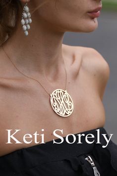 Designer Jewelry  Monogram Necklace  Large by KetiSorelyDesigns, $99.00 Elegant Engraved Nameplate Initial Necklace, Classic Monogram Initial Necklace For Anniversary, Elegant Monogram Nameplate Necklace, Elegant Nameplate Initial Necklace For Anniversary, Elegant Nameplate Monogram Necklace, 14k Gold Monogram Name Necklace For Personalized Gift, 14k Gold Monogram Name Necklace, Elegant Initial Necklace With Monogram Round Pendant, Yellow Gold Monogram Name Necklace For Mother's Day