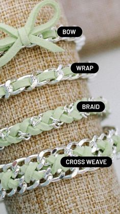 four different types of bracelets tied together with bows on each side and the words bow wrap, braid, crossweave