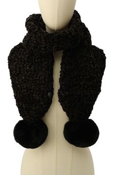 The brand's iconic jeweled logo nestles in the plush chenille yarns of this scarf detailed with a pair of pompoms that add a playful finishing touch. 9" x 64" 100% polyester Dry clean Imported Pompom Scarf, Kurt Geiger, Pom Pom, Dry Clean, Nordstrom, Yarn, London, Black