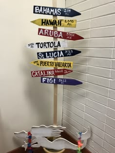 a bunch of signs that are on top of a wooden stand in front of a wall