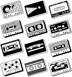 a bunch of old school cassette recorders are shown in this black and white illustration