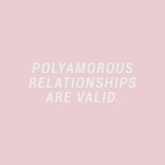 the words polyamonous, relationships and love are laid out on a pink background