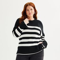 Stay comfy, elegant, and in-style when you wear this Plus Size Sonoma Goods For Life® Side Slit Crewneck Sweater. Click on this WOMEN'S GUIDE to find the perfect fit and more! Stay comfy, elegant, and in-style when you wear this Plus Size Sonoma Goods For Life® Side Slit Crewneck Sweater. Click on this WOMEN'S GUIDE to find the perfect fit and more! FEATURES Jersey construction Straight hem with side slits Pullover style Long drop-shoulder sleeves with ribbed cuffs CrewneckFIT & SIZING 27-in. le Stripes Fabric, Petite Size Chart, Womens Size Chart, Comfy Fits, Crewneck Sweater, Black Sweaters, Pullover Styling, For Life, Crew Neck Sweater