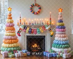 a fireplace decorated with colorful yarn and candles