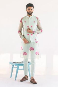 Shop for Vaani Beswal Blue Enlighten Block Print Kurta And Bundi Set for Men Online at Aza Fashions Organza Kurta For Men, Sheer Kurta, Blue Block Print, Organza Kurta, Nehru Jacket For Men, Organza Jacket, Indian Groom Wear, Kurta Men, Rohit Bal