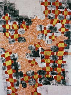 an abstract painting with yellow and red squares