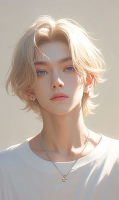 a woman with blonde hair and blue eyes wearing a white t - shirt is looking at the camera