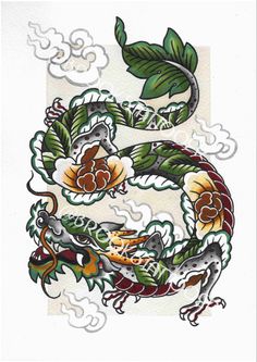 Hand painted Floral dragon in clouds Desain Tattoo, Portfolio Reference, Floral Dragon, Under Chest Tattoo, Inspo Tattoo, No Reply, Flash Tattoo Designs, Leg Tattoo, Tattoo Art Drawings