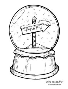 a drawing of a snow globe with a north pole sign in the center and water bubbles around it