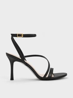 Black Asymmetric Strappy Heeled Sandals - CHARLES & KEITH US Prom Shoes Black, Black Open Toe Heels, Black And White Heels, Perfect Desk, Nylons Heels, Dinner Outfit, Faux Leather Heels, Strappy Sandals Heels, Black Sandals Heels