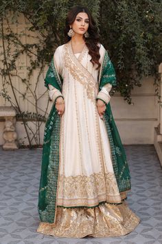 Cotton Net White Green Angrakha Pakistani Wedding Dresses Angrakha With Sharara, White And Green Nikkah Outfit, Nikha Dresses Pakistani White, Angrakha Pakistani, Machine Work Embroidery, White Angrakha, Extra Fits, Embroidery Dress Designs, Garara Dress