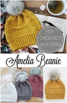 the crochet beanie pattern is shown in three different colors and features pom - poms