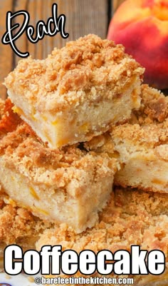 coffee cake is stacked on top of each other in front of an orange and red apple