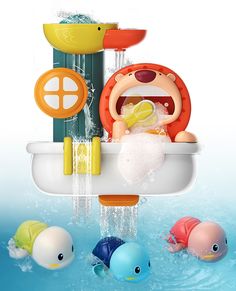 the bathtub is filled with toys like fish, ducks and ducklings in water