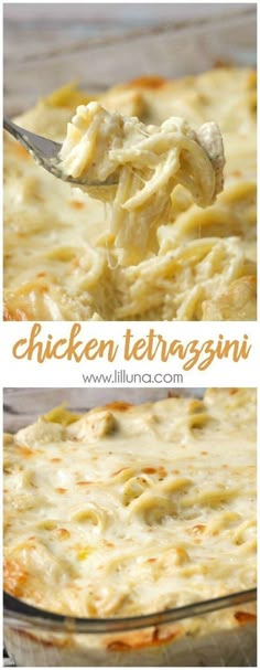 chicken tetrazzini casserole in a glass dish with a spoon